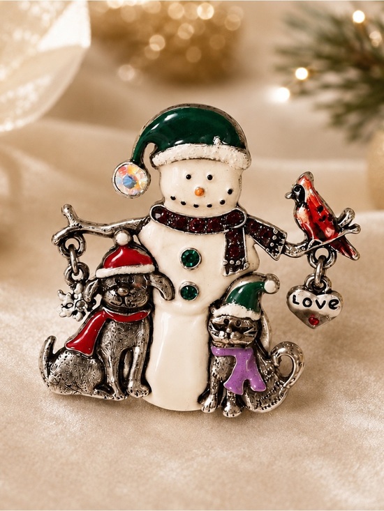 Jewelry - Holiday Snowman Brooch Pin | Swarovski Crystal Snowman w/ Dog & Cat Silver Tone